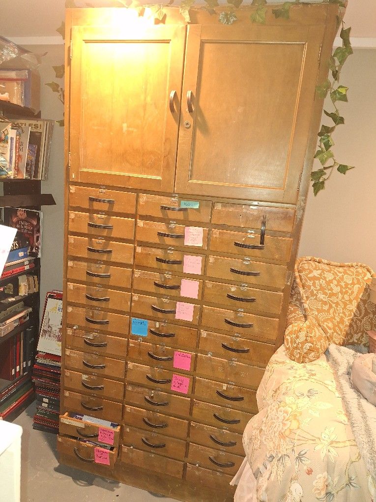 Antique floor to ceiling 36-drawer wooden lab flat filing cabinet, early 20th century, rehab project