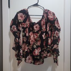 Black Flowers Womens Large Top Off Shoulder