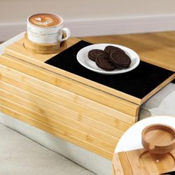 Bamboo Couch Cup Holder Anti-Spill Sofa Arm Tray with Rotating Drink Holder