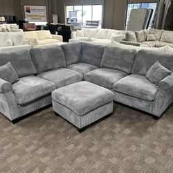 Gray Corduroy Sectional W/ Ottoman 