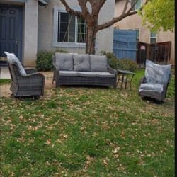 Gray Patio Set With Swivel Chairs Available In Brown Beige Light Gray Dark Gray Cushions Brand New Swivel Rocking Chairs 🚚🆕🚚🆕