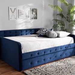 Queen Daybed BLUE UPHOLSTERED WITH TRUNDLE,