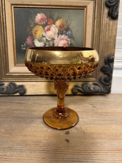 Vintage Indiana Glass Diamond Point Amber Compote Gold Band | MCM | Vintage Home Decor | Candy Dish 