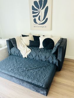 Modern Black Velvet Sofa Bed with Pull-Out Trundle