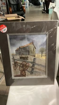 signed watercolor painting of a rustic barn scene by Cynthia Schroeder