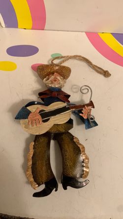 Western Christmas Ornament Metal Cowboy playing Guitar 8”