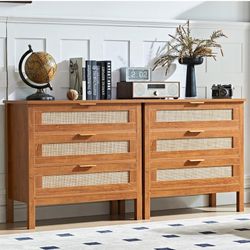 31.5" Wide Rattan Night Stand Set 2, Large Boho 3 Drawer Nightstand, Tea Brown Bed Side End Tables with Storage, Tall Bedside Table,Chest of Drawers D