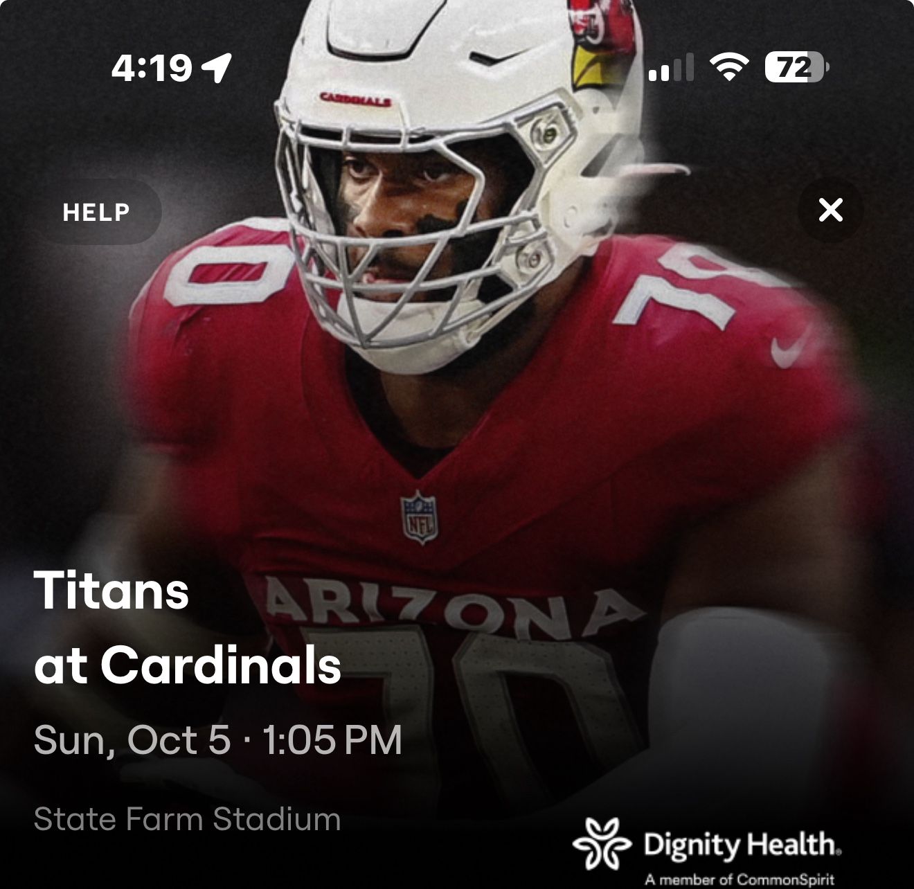 Titans At Cardinals Section 135 Row 10 Plus Parking Pass
