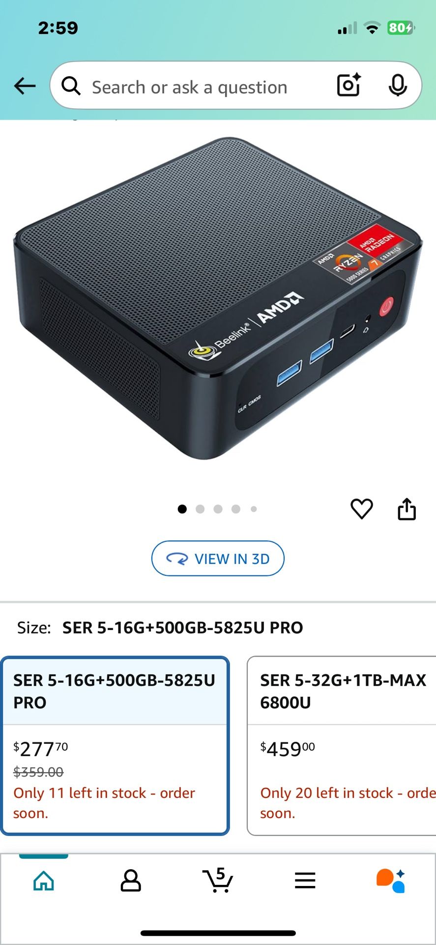Beelink SER5 Mini Pc,AMD Ryzen 7 5825U PRO(8C/16T,up to 4.5GHz),Mini Computer with 16GB DDR4 RAM/500GB M.2 2280 SSD,Micro Pc Support 4K FPS,WiFi6/BT5.