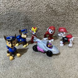 Paw Patrol lot of 6 figures & die cast car Skye Chase Marshall posable