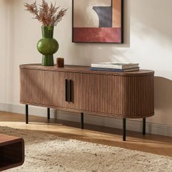 59” Modern Walnut Tambour TV Stand Media Console with Sliding Doors & storage, Mopio