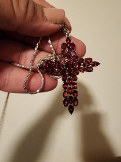 925 Sterling Silver Cross With Real Garnet Stone With Necklace