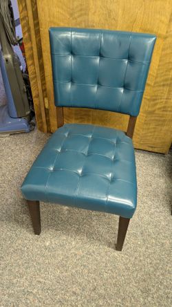 Teal wood and leather chairs (four)