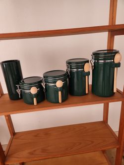 Hunter green set of four canisters with utensil holder