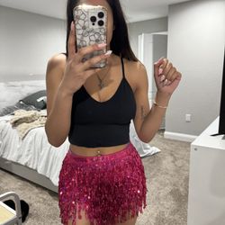 Zoestar Sequin Pink Fringe Mini Skirt