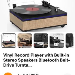 Vinyl Record Player with Built-in Stereo Speakers Bluetooth Belt-Drive Turnta...
