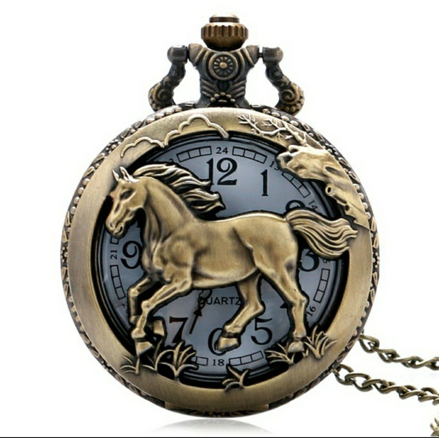 (Shipped Only) Horse Pattern Hollow Quartz Pocket Watch