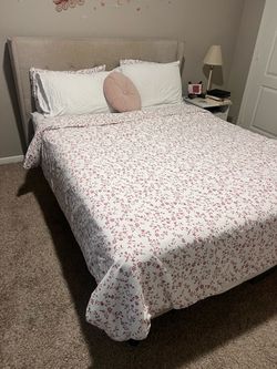 Beige Queen bed frame and mattress for Sale