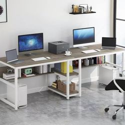 HL098 Two Person Desk with Bookshelf, 78.7 Computer Office Double Desk for Two Person, Rustic Writing Desk Workstation with Shelf for Home Office (Gra