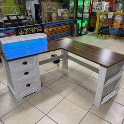 L shaped desk with monitor stand, farmhouse style computer desk with LED light and power outlet, executive home office desk with filing cabinet