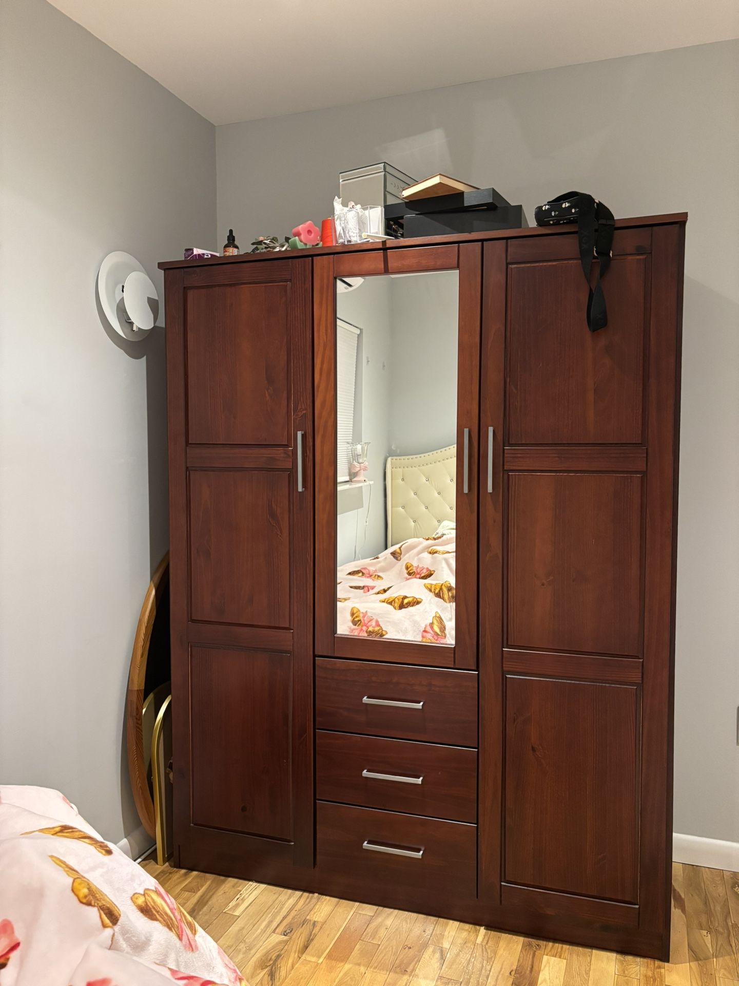 Palace Imports 100% Solid Wood Cosmo 3-Door Wardrobe Armoire with Solid Wood or Mirrored Doors -