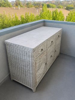Coastal Whitewash Wicker Sideboard / Buffet Credenza Cabinet (Drawers + Storage)