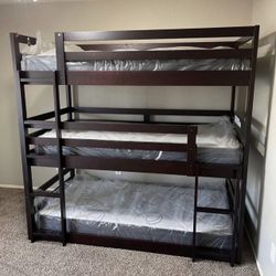 Brand New Twin Triple Bunk Bed And 3 Mattresses! 