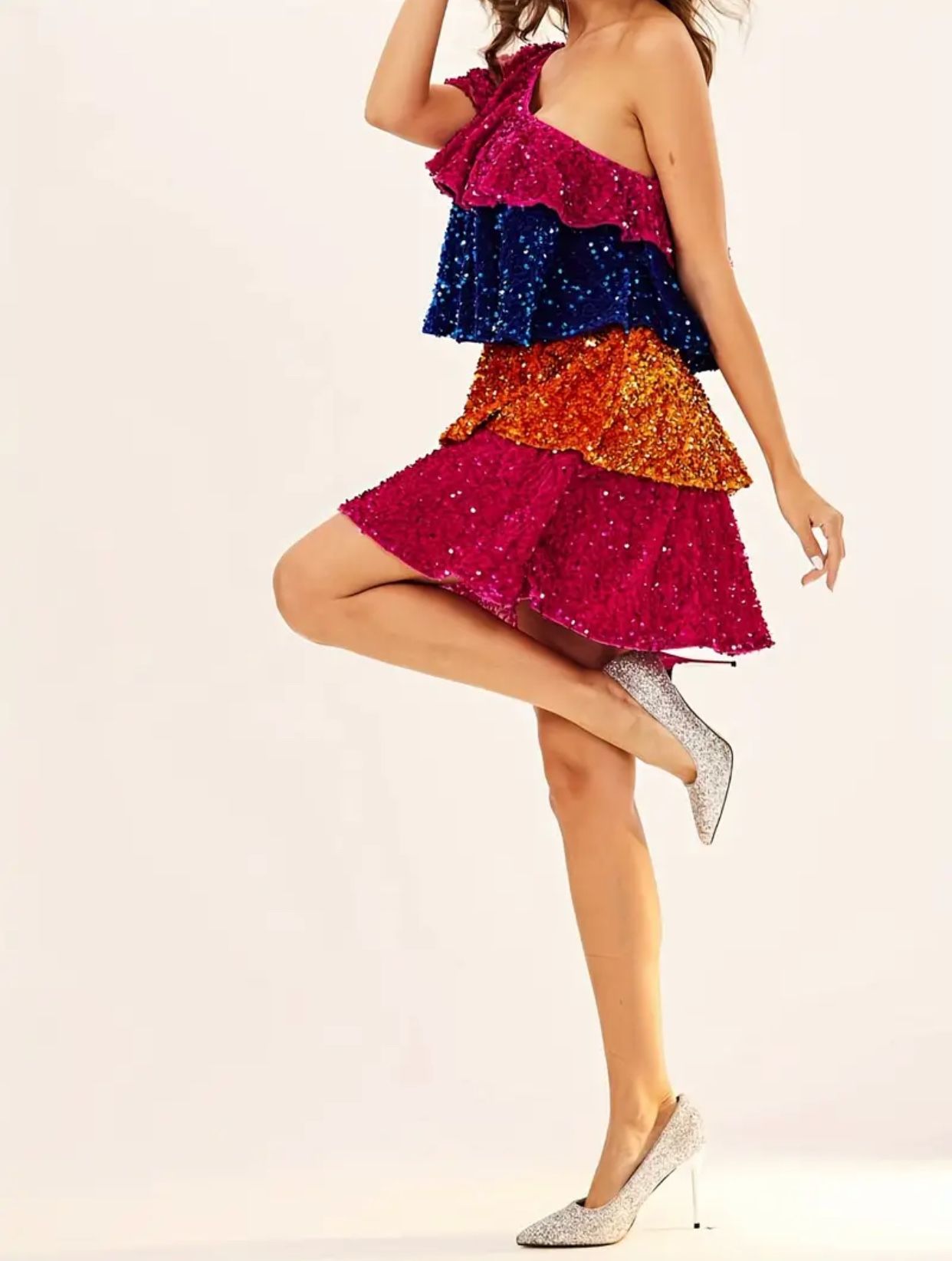 Bedazzled Multicolor Plus Size Layered Ruffle Sequins Dress