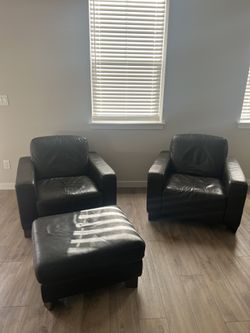 Two Natuzzi Brown Leather Chairs and Ottoman