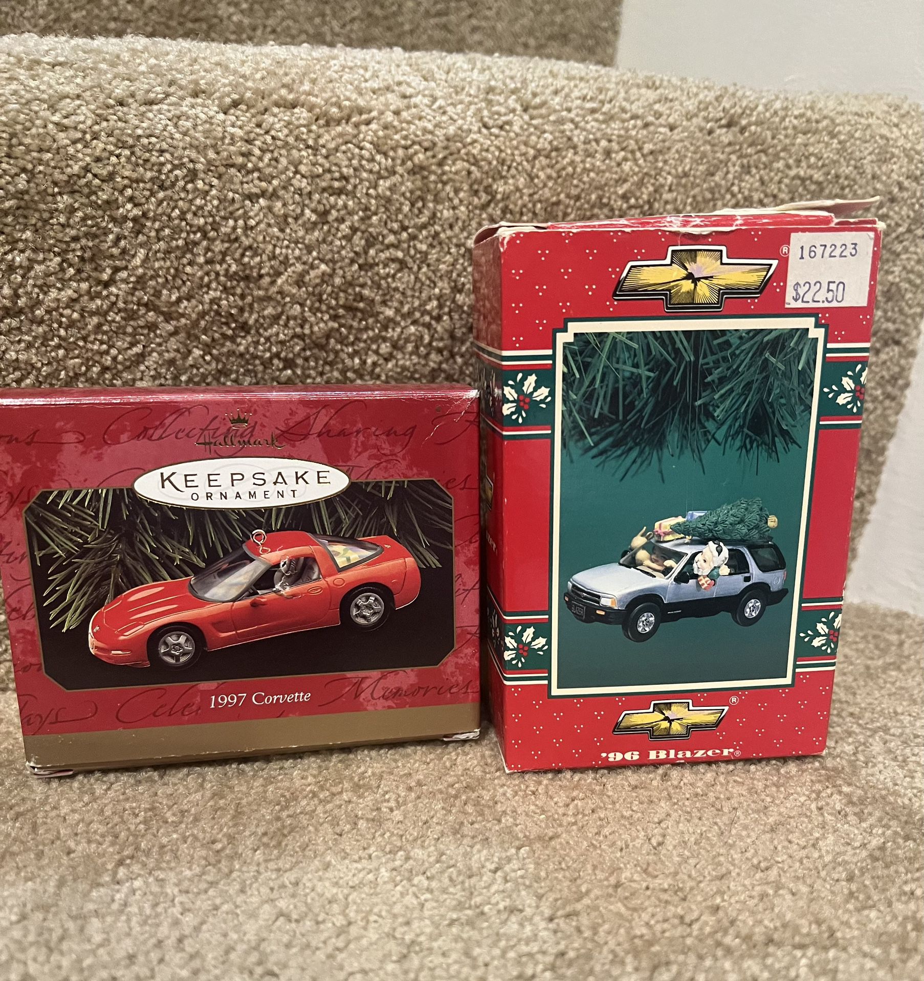 Hallmark 1997 Corvette & Enesco 1996 Chevy Blazer Christmas ornament set of 2