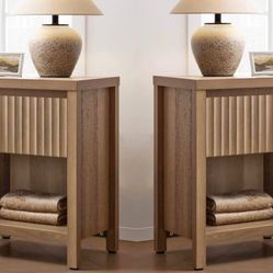 Set of 2 with Drawer - Farmhouse Night Stand Bedside Tables with Storage, Wooden End Tables with Met