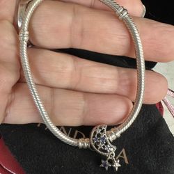 925 Sterling Silver Authentic Pandora Bracelet “dream Big’ Moon And Stars Clasp , Marked 925 Ale In Photos , Size 7 , So Cute !!🥰 
