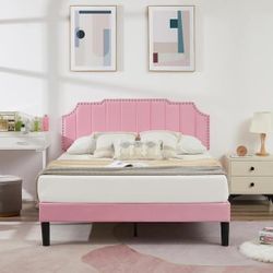 Upholstered Bed Pink Metal+Wood Frame Queen Platform Bed with Tufted Adjustable Headboard/Mattress Foundation