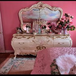 Vintage French Bedroom Set Dresser + Mirror + 2 Nightstands