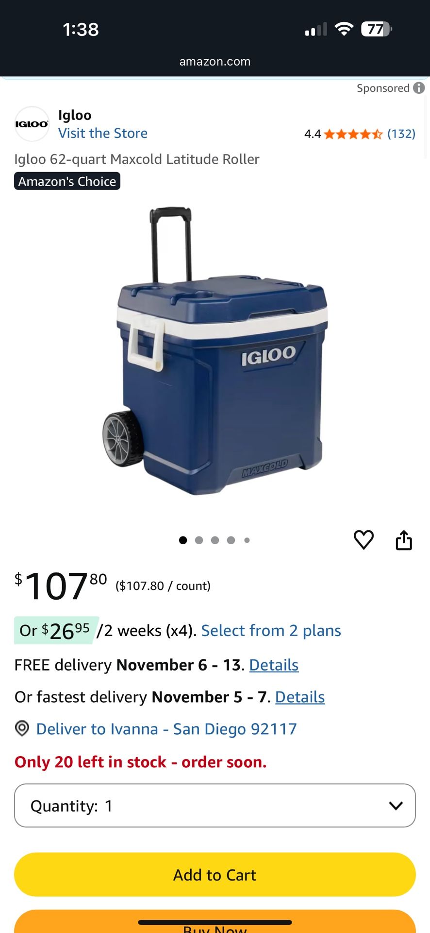 Brand New - Igloo Cooler On Wheels
