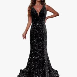Sparkly Sequin Prom Dresses Long Deep V-Neck Sexy Mermaid Formal Cocktail Dresses for Women Backless