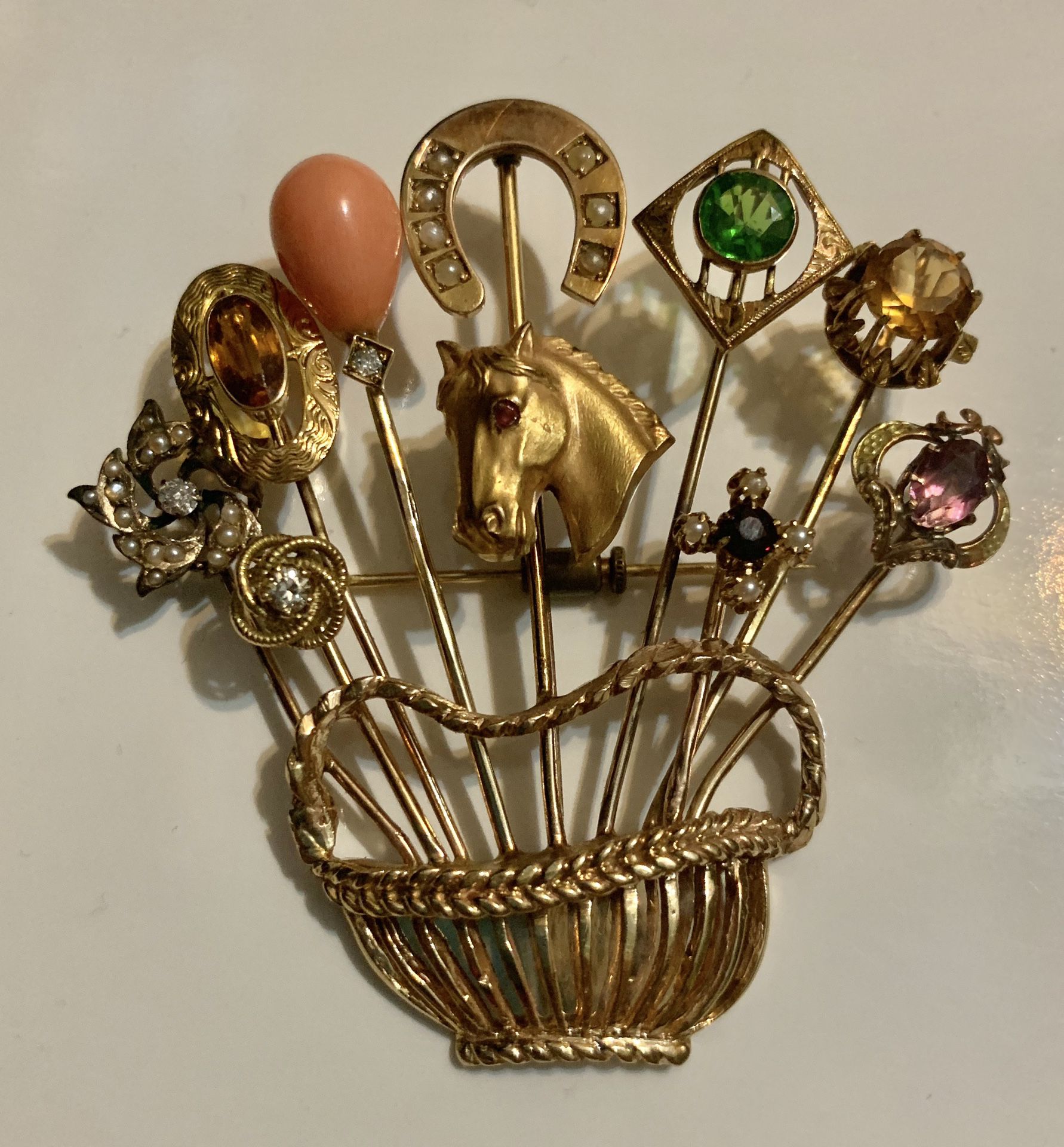 Vintage 14K Gold, Diamond, Seed Pearls & Gemstone Stick Pin Brooch