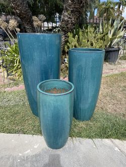 Tall Round Ceramic Planters-Teal Green Ceramic Pots $345 set of 3.