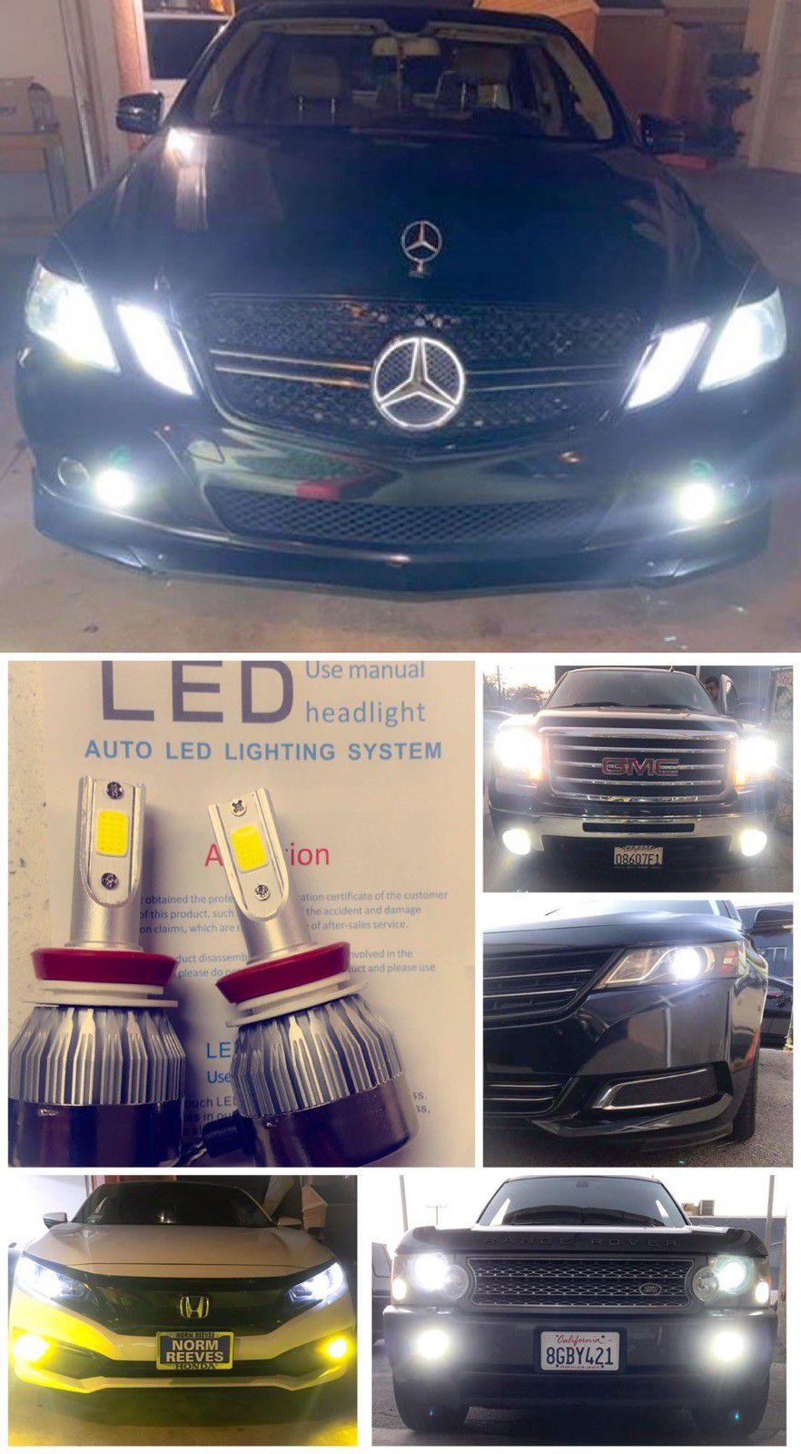 Super bright led headlights 25$ 1 year warranty free license plate LEDs with purchase plug and play system for all cars available 6000k hyper white
