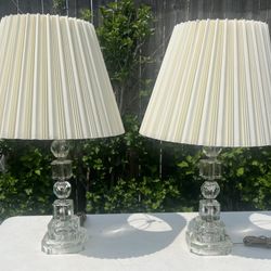 Vintage Pair Stacked Etch Crystal Table Lamps 