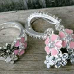 Cherry Blossom Sterling Silver Earrings Ring Set