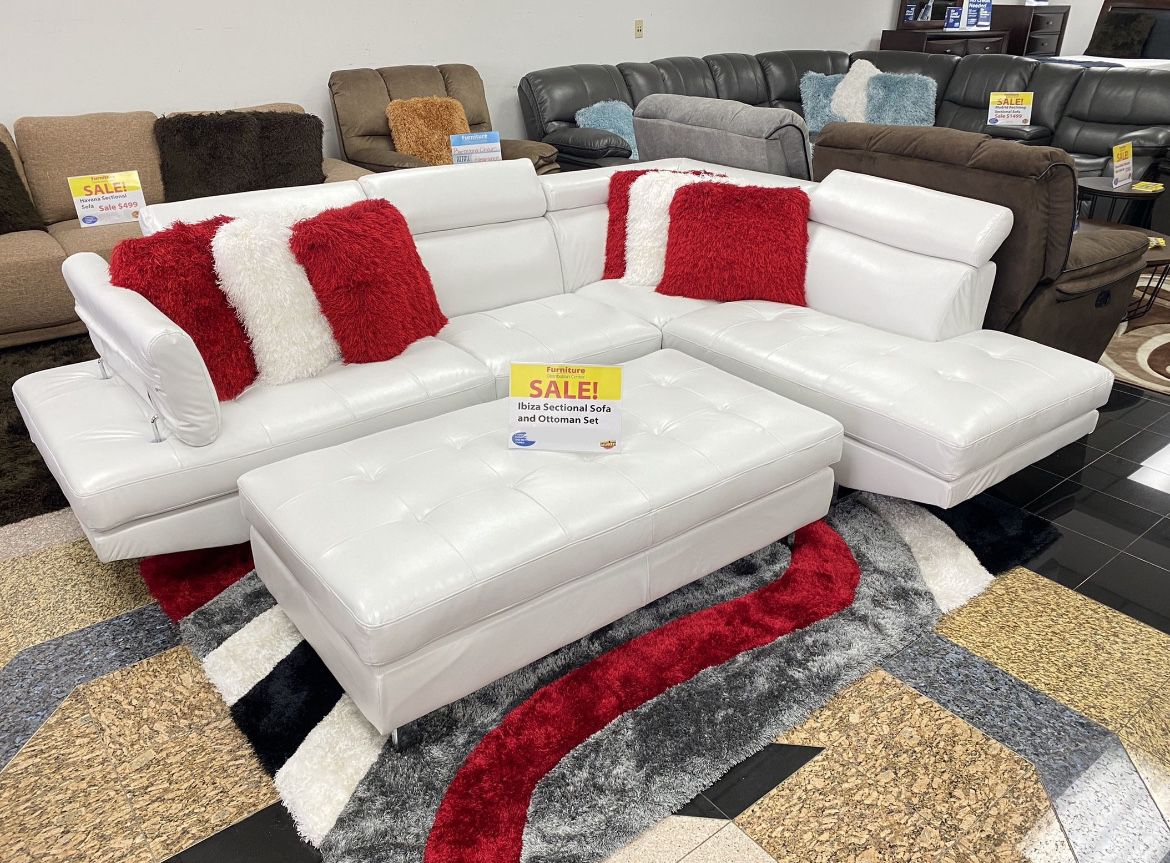 White Leather Sectional With Ottoman ** Sale Ends Tomorrow ** See Us Today!  ** Easy Financing Options
