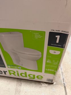 Brand new WaterRidge one-piece elongated dual-flush toilet, Costco Item #918020.