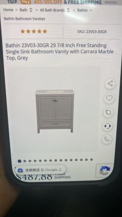 Bathin 23V03-30GR 29 7/8 Inch Free Standing Single Sink Bathroom Vanity with Carrara Marble Top, Grey
