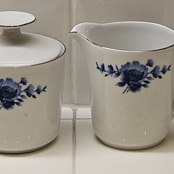 Eschenbach Floral "Danish Blue" Porcelain Creamer and Sugar Bowl with Lid