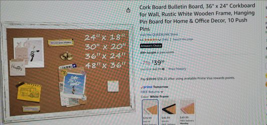 New! Cork Bulletin Board 36x24" In Rustic White Frame