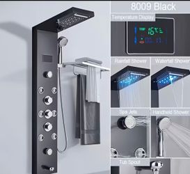 Shower Panel Tower System, Stainless Steel 6-Function Faucet LED Rainfall Waterfall Shower Head Handheld Sprayer Rain Massage Body Jets Tub Spout, Bru