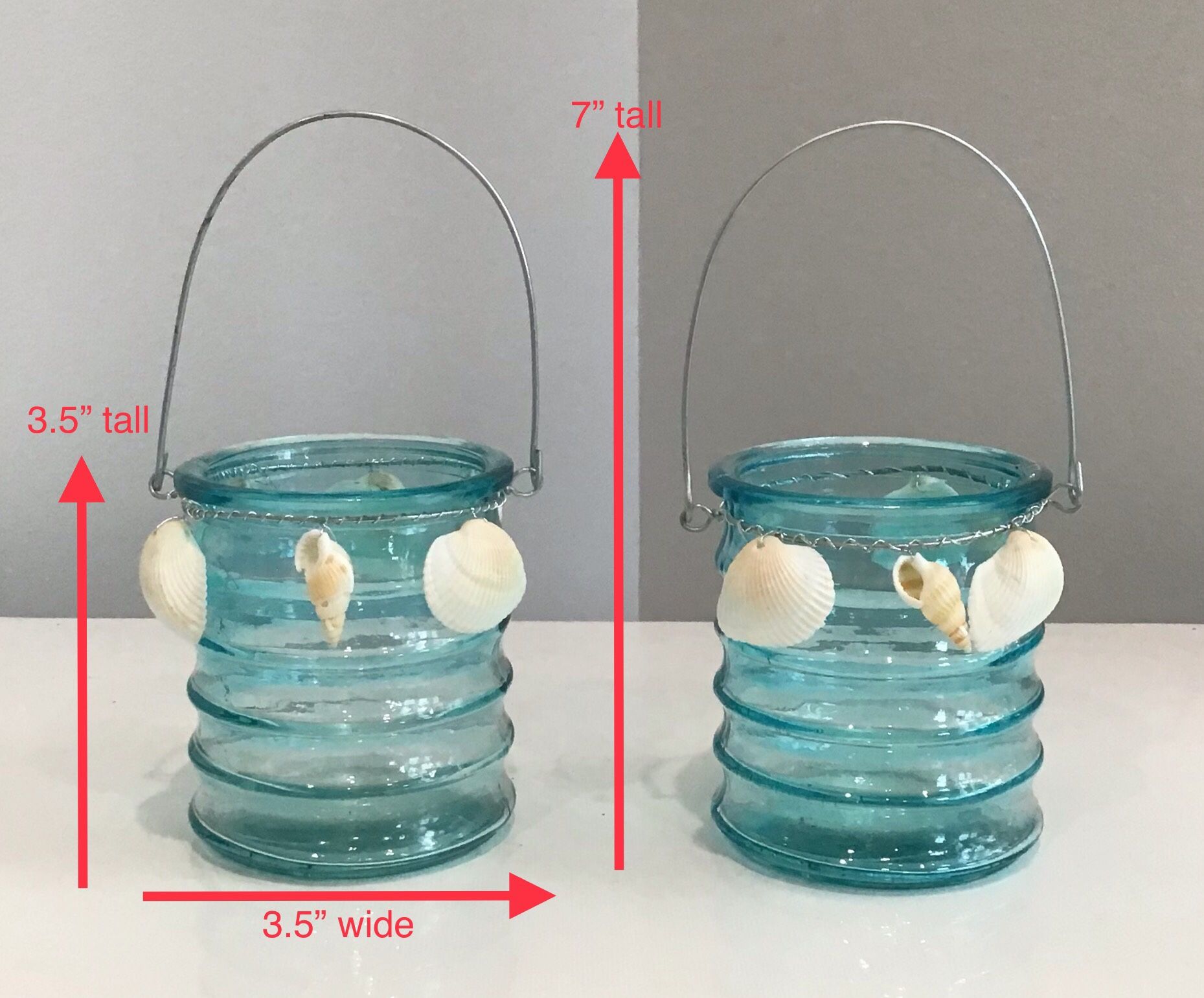 Pair of Ribbed Turquoise Glass Jars with Attached Silver Handles & Seashells