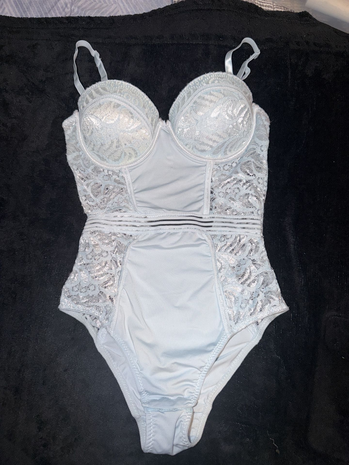 Light Blue lace lingerie bodysuit with underwire Push Up cups and adjustable straps.