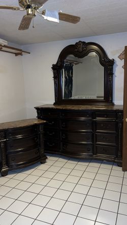 Large ornate dark wood-Dress with mirror and Nightstand King Bedroom Set - Bed Frame, Box Spring & Mattress